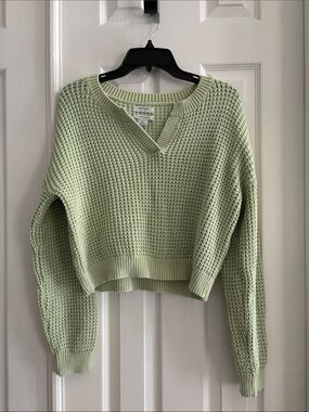 Haute Hippie light green Cotton v-neck cropped knit sweater Womens Medium NWOT